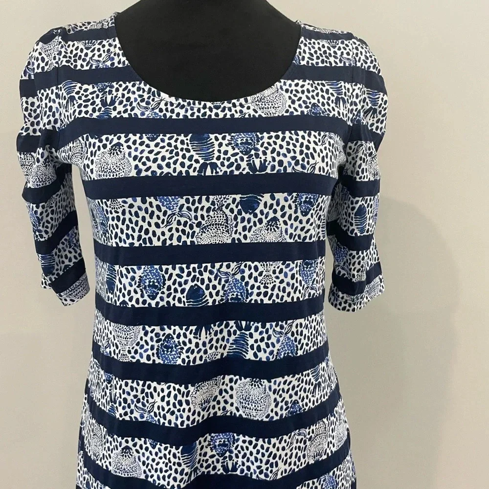LILLY PULITZER LAJOLLA XS Navy White Fish Heart & Sole Stripe Puff Sleeve Dress - Picture 4 of 8